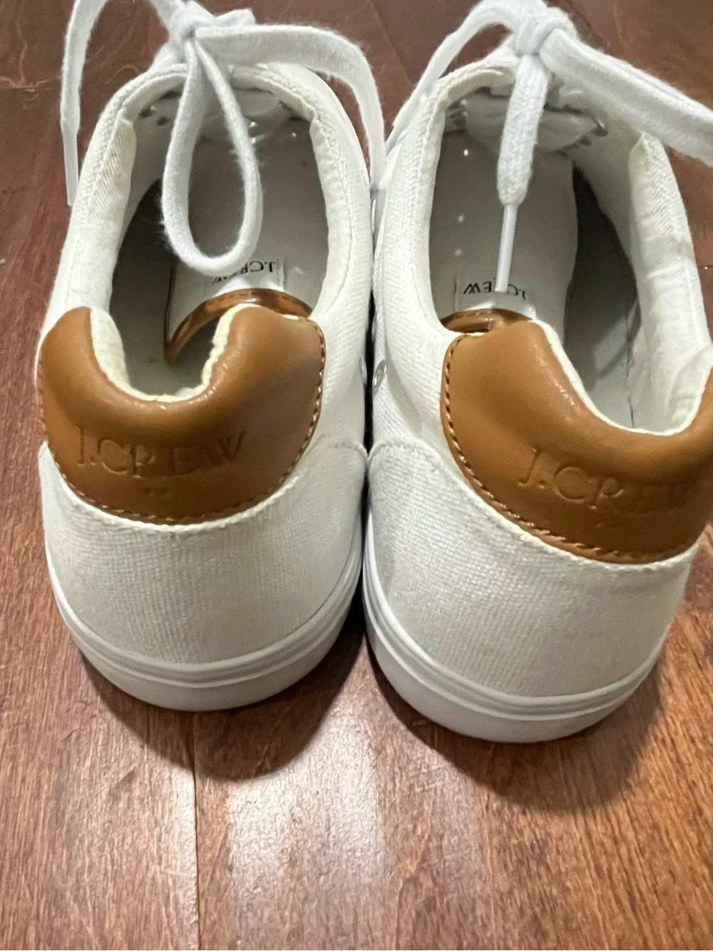 J. Crew White Canvas Sneakers with Tan Heel Accent